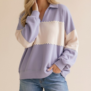 Collar Ric Rac Trim Color Block Pullover Top