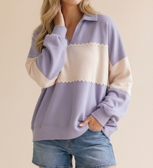 Lilac Collar Ric Rac Trim Color Block Pullover Top