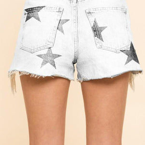 White Distressed Star Denim Shorts