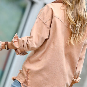Camel distressed button down shirt jacket