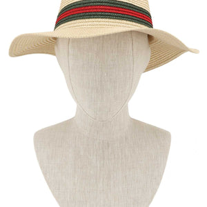 Green & Red Accent Straw Fedora Hat (3 Colors)