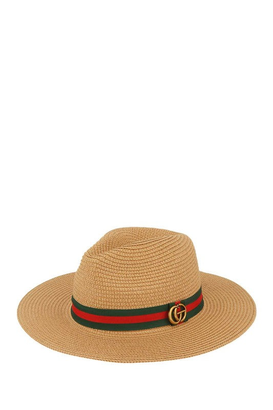 Green & Red Band Straw Fedora Hat (tan or black)