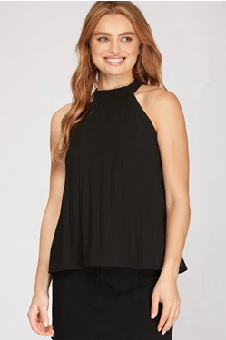 SLEEVELESS MOCK NECK PLEATED WOVEN TOP WITH BACK TIE