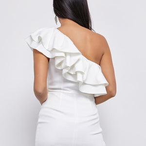 White one shoulder ruffle dress