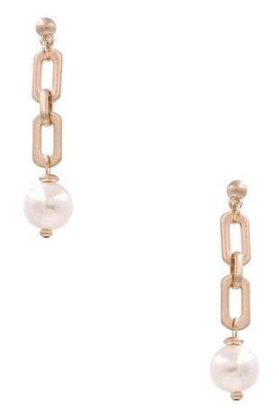 Oval link gold pearl drop earring