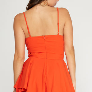 WOVEN CAMI ROMPER WITH SHIRRED FRONT BUST AND LAYERED SHORTS