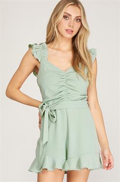 RUFFLED SHOULDER STRAP SHIRRED WOVEN ROMPER WITH SASH