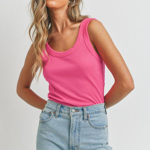 Hot Pink Scoop Neck Stretchy Rib Knit Tank Top