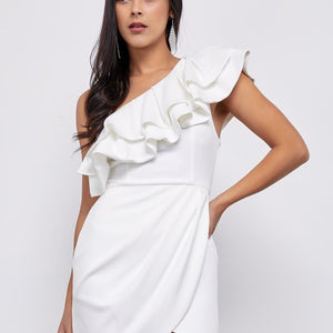 White one shoulder ruffle dress