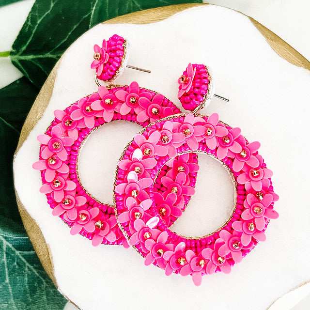 Rounded beaded pink statement earrings