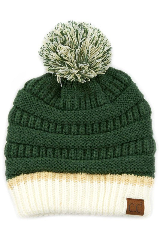 C.C Team color ribbed beanie with pom Green/White