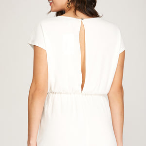 OFF WHITE DROP SHOULDER WOVEN ROMPER WITH FRONT TIE DETAIL