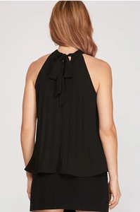 SLEEVELESS MOCK NECK PLEATED WOVEN TOP WITH BACK TIE