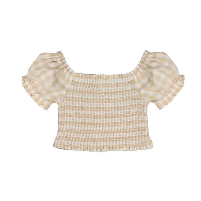 Tween beige and white checked smocked crop top