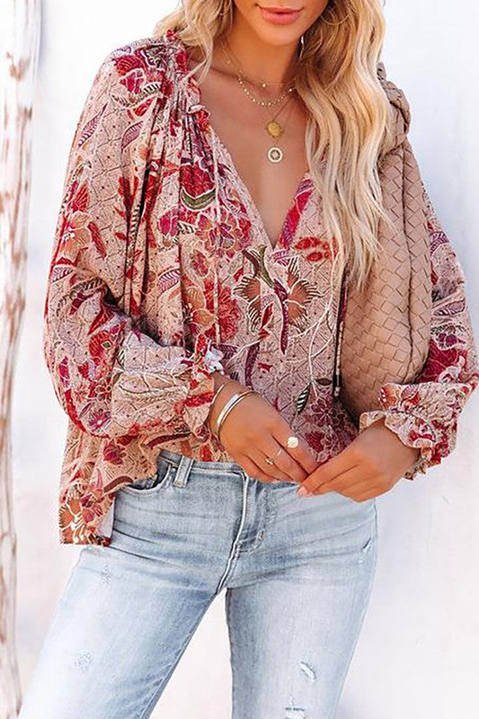 Flora Print V Neck Long Sleeve Blouse