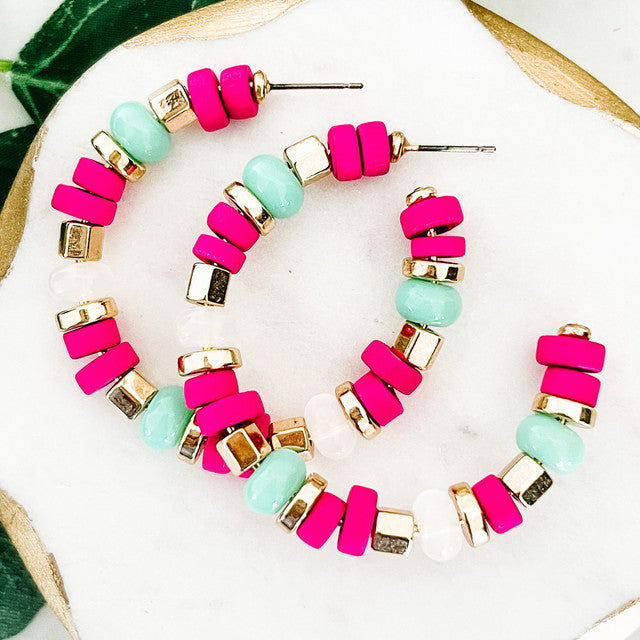 Pink and mint beaded earrings