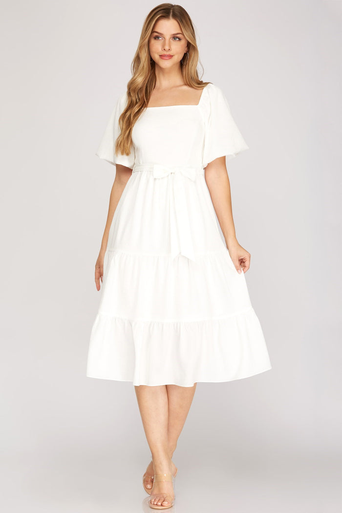 OFF WHITE SHORT BALLOON SLEEVE WRINKLED TEXTURED WOVEN MIDI TIERED DRESS