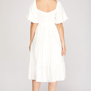 OFF WHITE SHORT BALLOON SLEEVE WRINKLED TEXTURED WOVEN MIDI TIERED DRESS